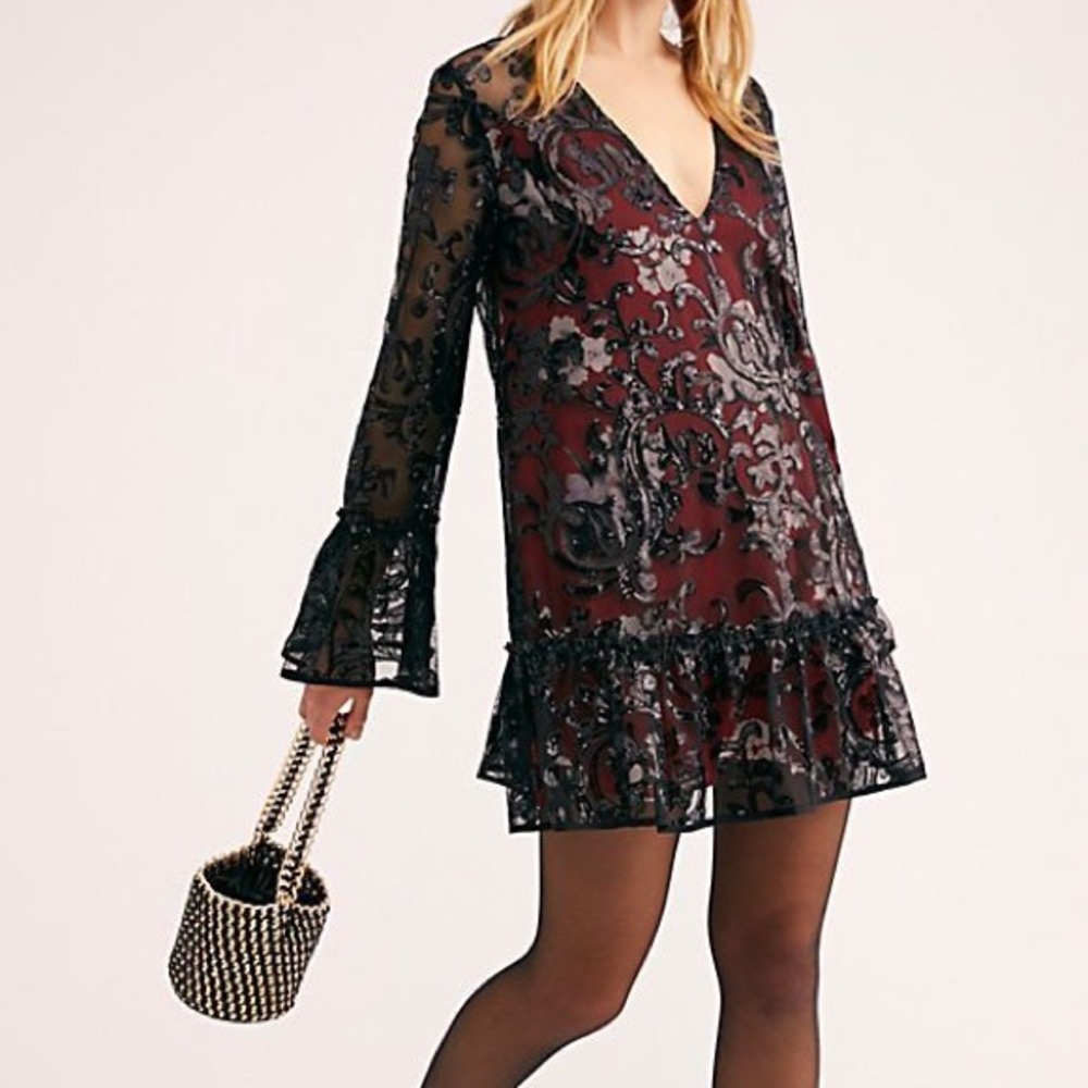 FREE PEOPLE | Falling Flowers Black Sequin Mini Dress